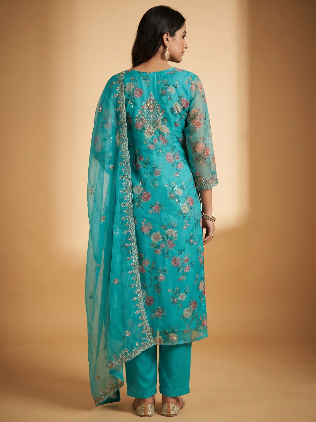Turquoise Floral Printed With Hand Embroidered Organza Dress Material - Image 2