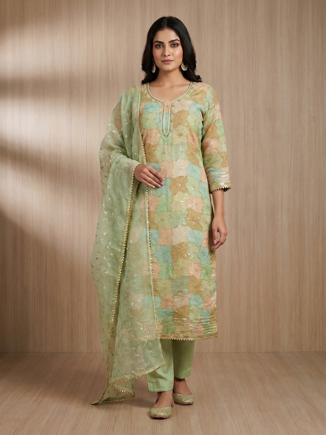 Green Sequin Embroidery With Handwork Organza Dress Material - Image 1