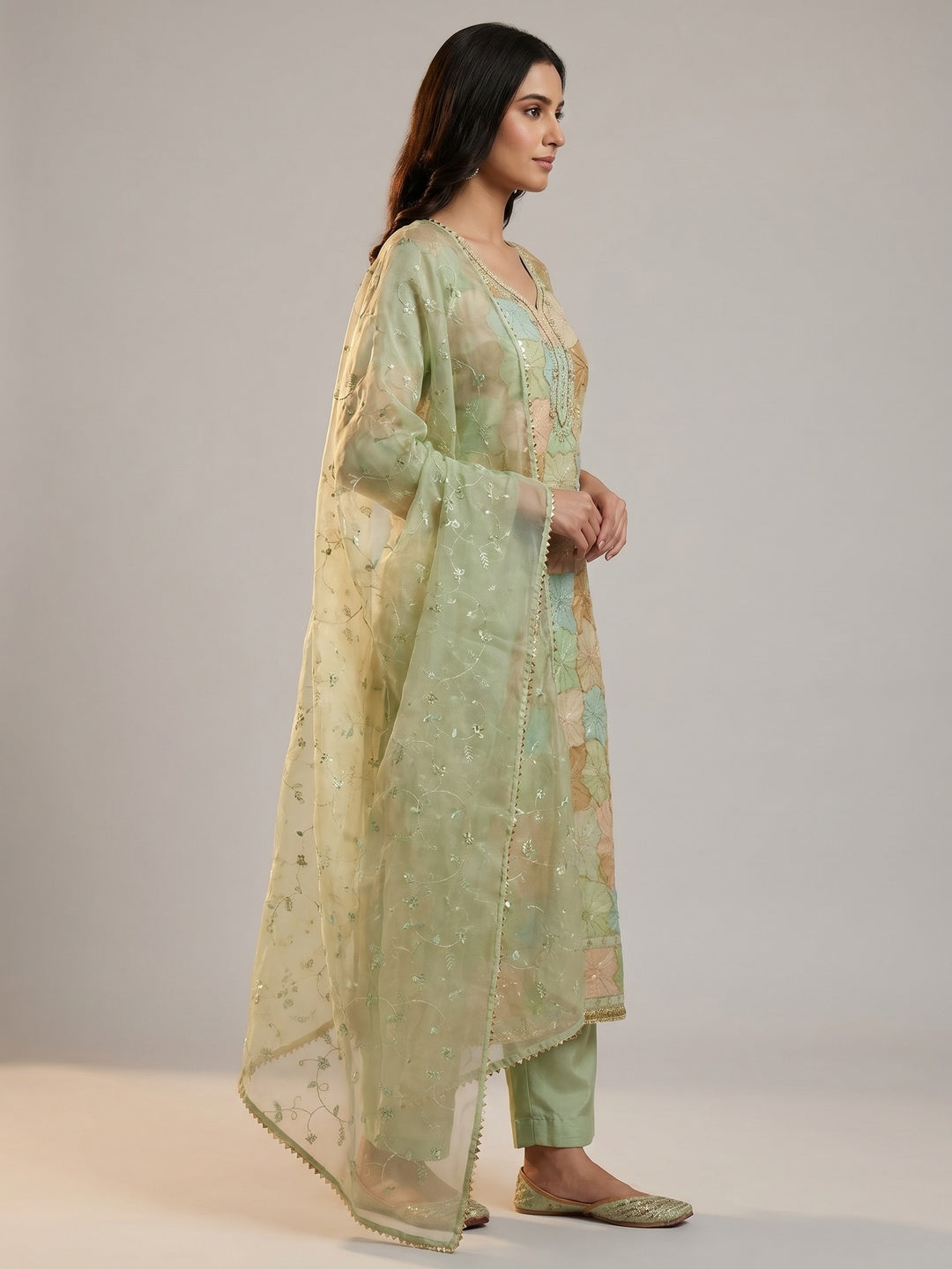 Green Sequin Embroidery With Handwork Organza Dress Material - Image 2