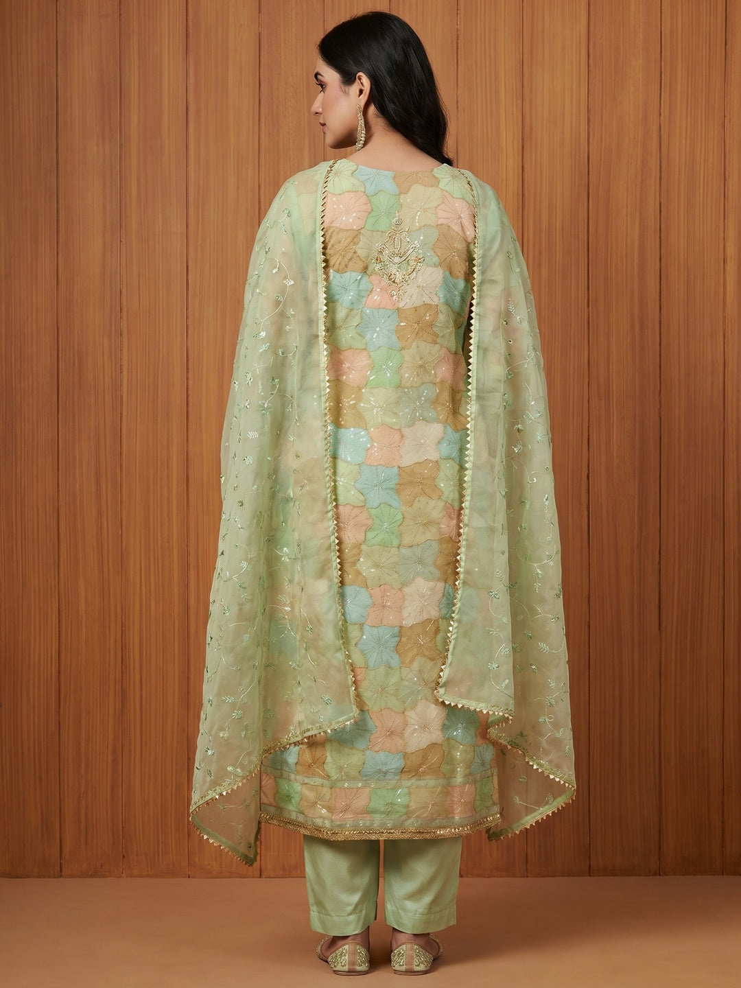 Green Sequin Embroidery With Handwork Organza Dress Material - Image 3