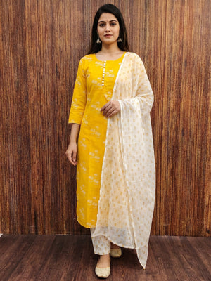 Yellow Cotton Blend Floral Printed Dress Material - Image 1