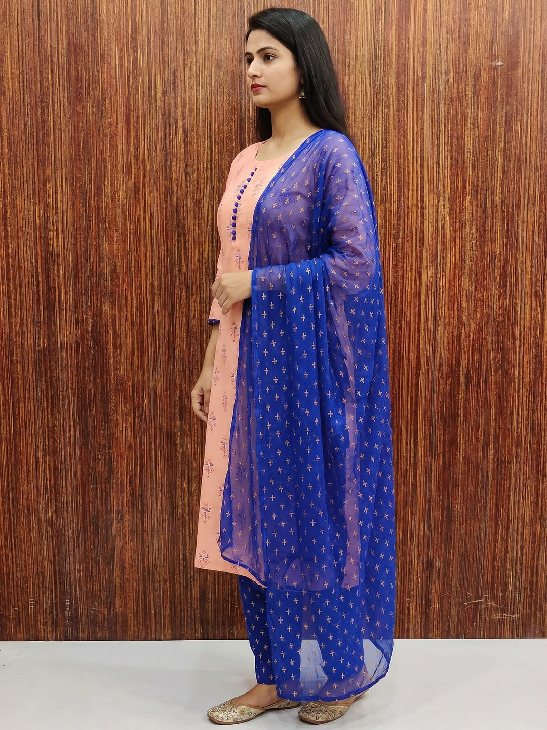 Peach Floral Printed Cotton Blend Dress Material - Image 2
