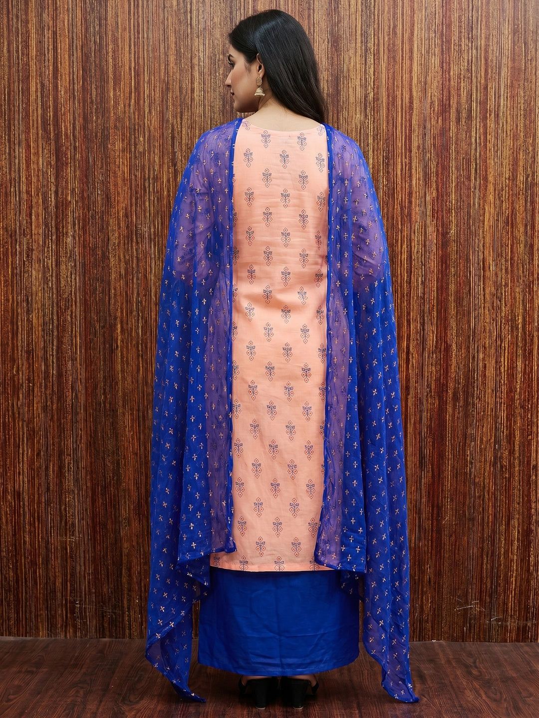 Peach Floral Printed Cotton Blend Dress Material - Image 3