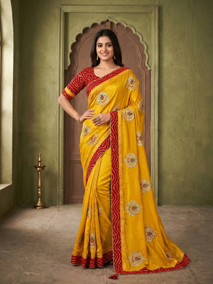 Mustard Zari Embroidered Vichitra Silk Saree - Image 1