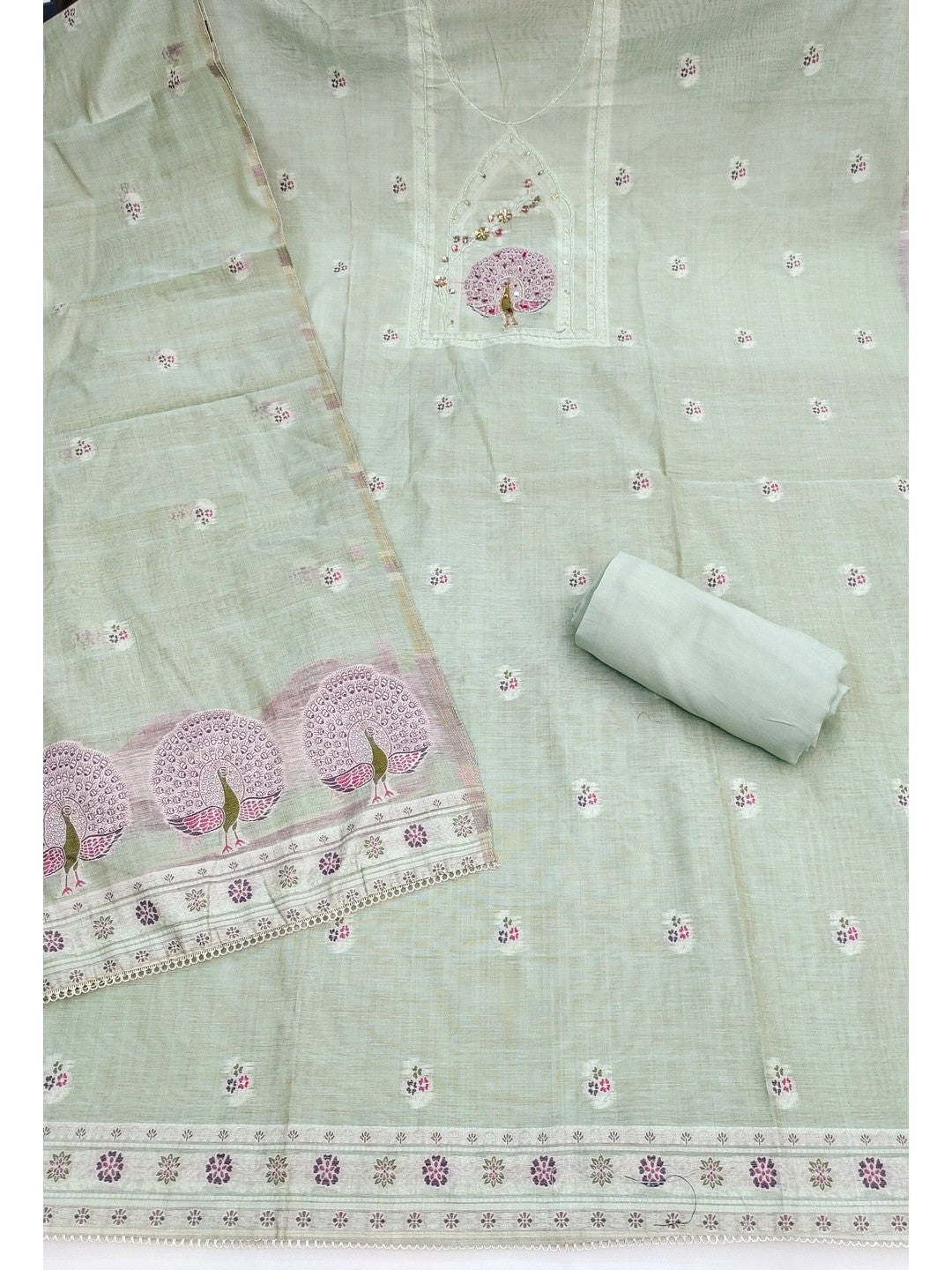Peachmode Sea Green Pure Banarasi Cotton Dress Material with Embroidered Dupatta - Image 3
