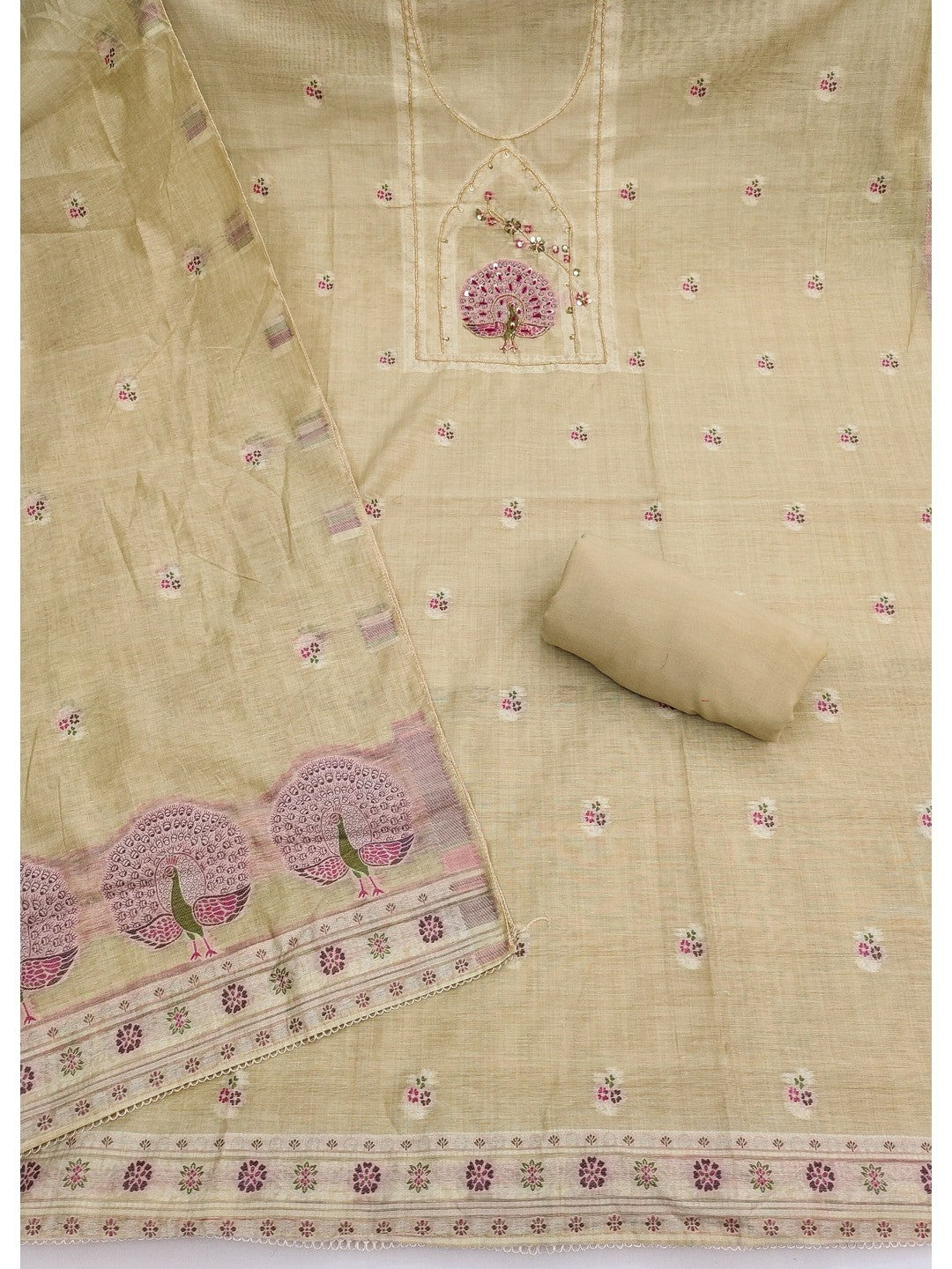Peachmode Cream Pure Banarasi Cotton Dress Material with Embroidered Dupatta - Image 3