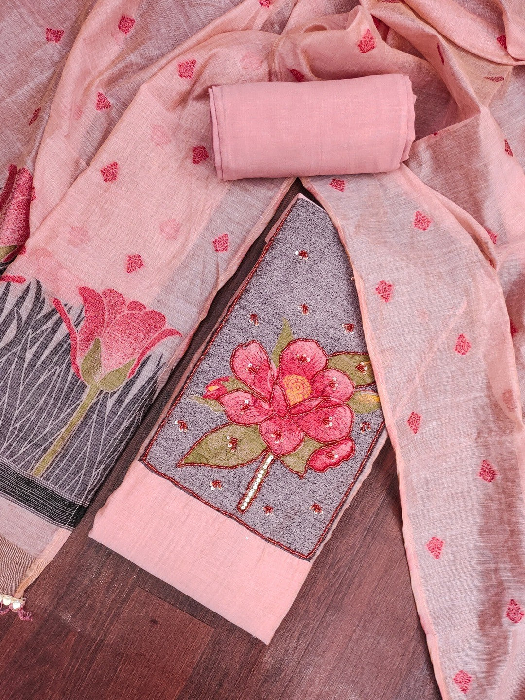 Peachmode Pink Pure Banarasi Cotton Dress Material with Embroidered Dupatta - Image 3