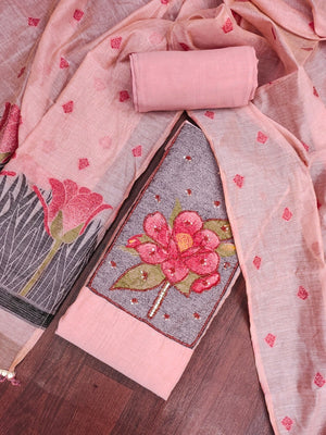 Peachmode Pink Pure Banarasi Cotton Dress Material with Embroidered Dupatta - Image 2