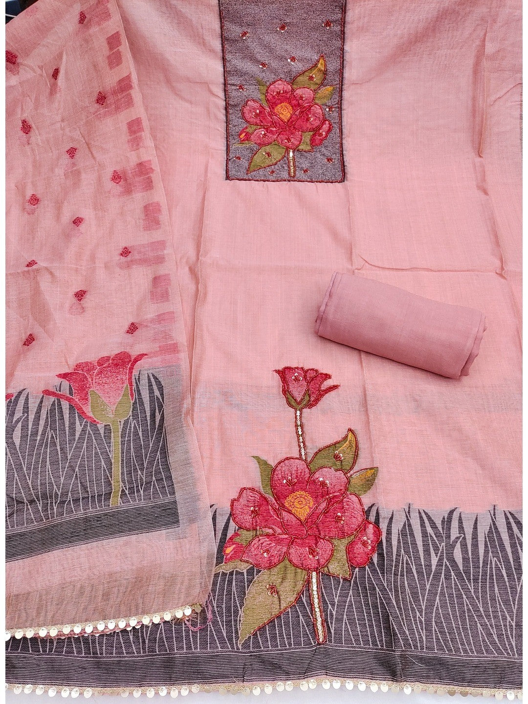 Peachmode Pink Pure Banarasi Cotton Dress Material with Embroidered Dupatta - Image 4