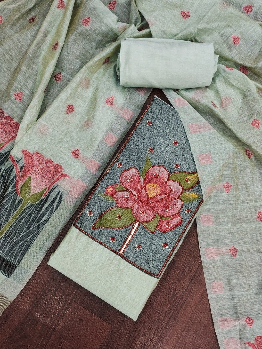 Peachmode Sea Green Pure Banarasi Cotton Dress Material with Embroidered Dupatta - Image 1