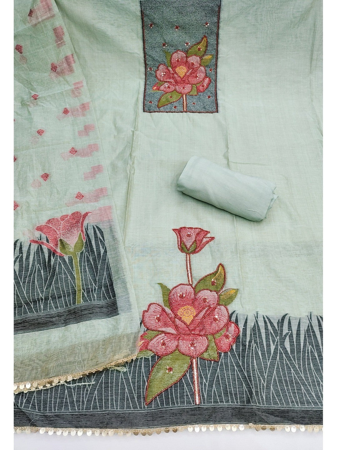 Peachmode Sea Green Pure Banarasi Cotton Dress Material with Embroidered Dupatta - Image 3
