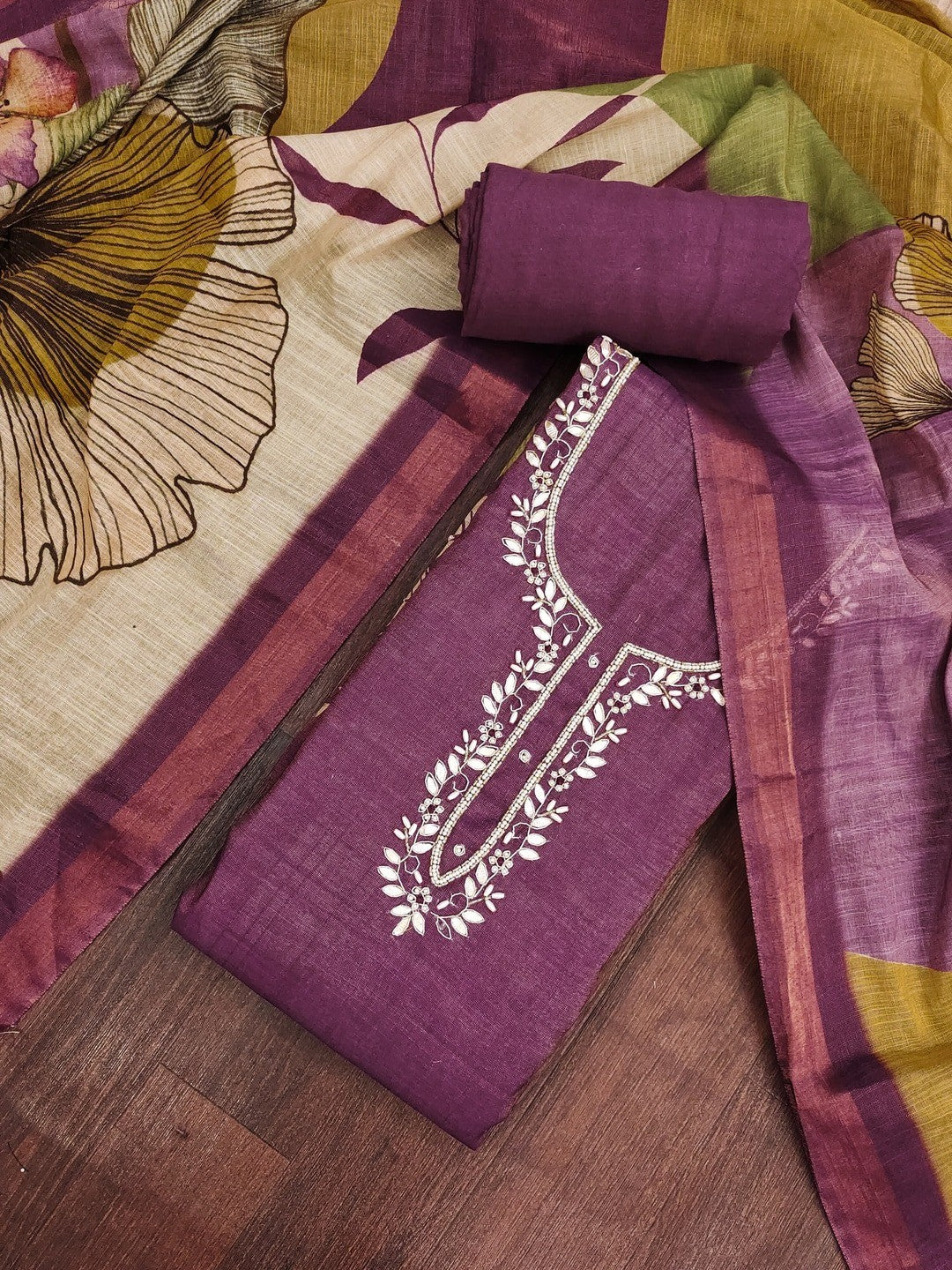 Peachmode Purple Pure Cotton Lilian Dress Material with Embroidered Dupatta - Image 3