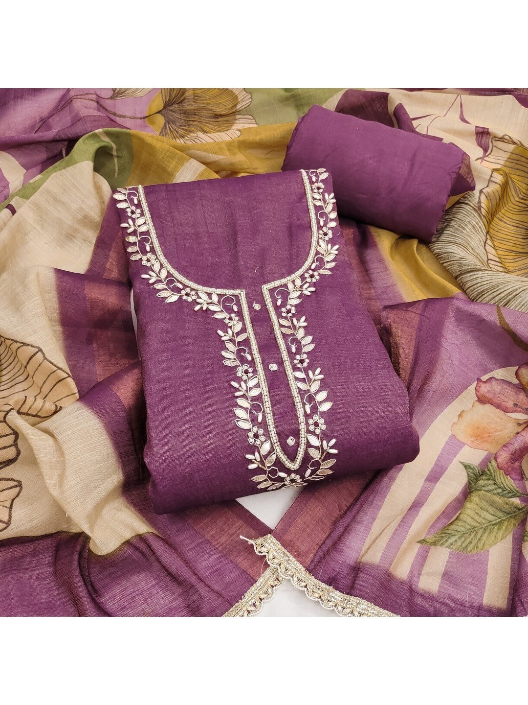 Peachmode Purple Pure Cotton Lilian Dress Material with Embroidered Dupatta - Image 1