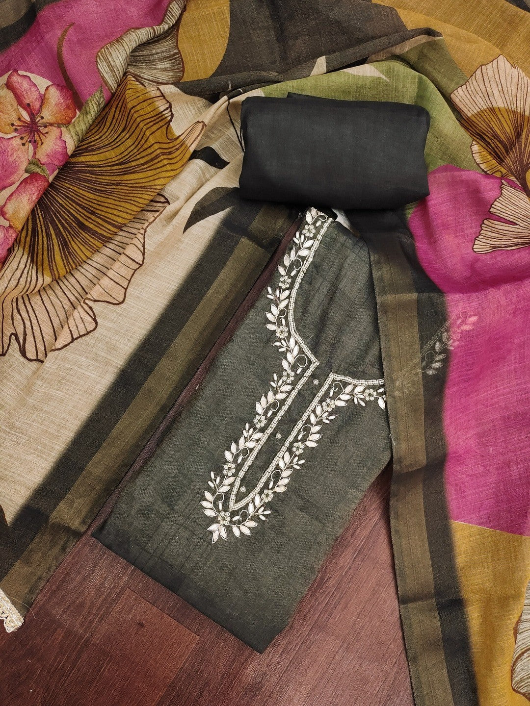 Peachmode Black Pure Cotton Lilian Dress Material with Embroidered Dupatta - Image 3