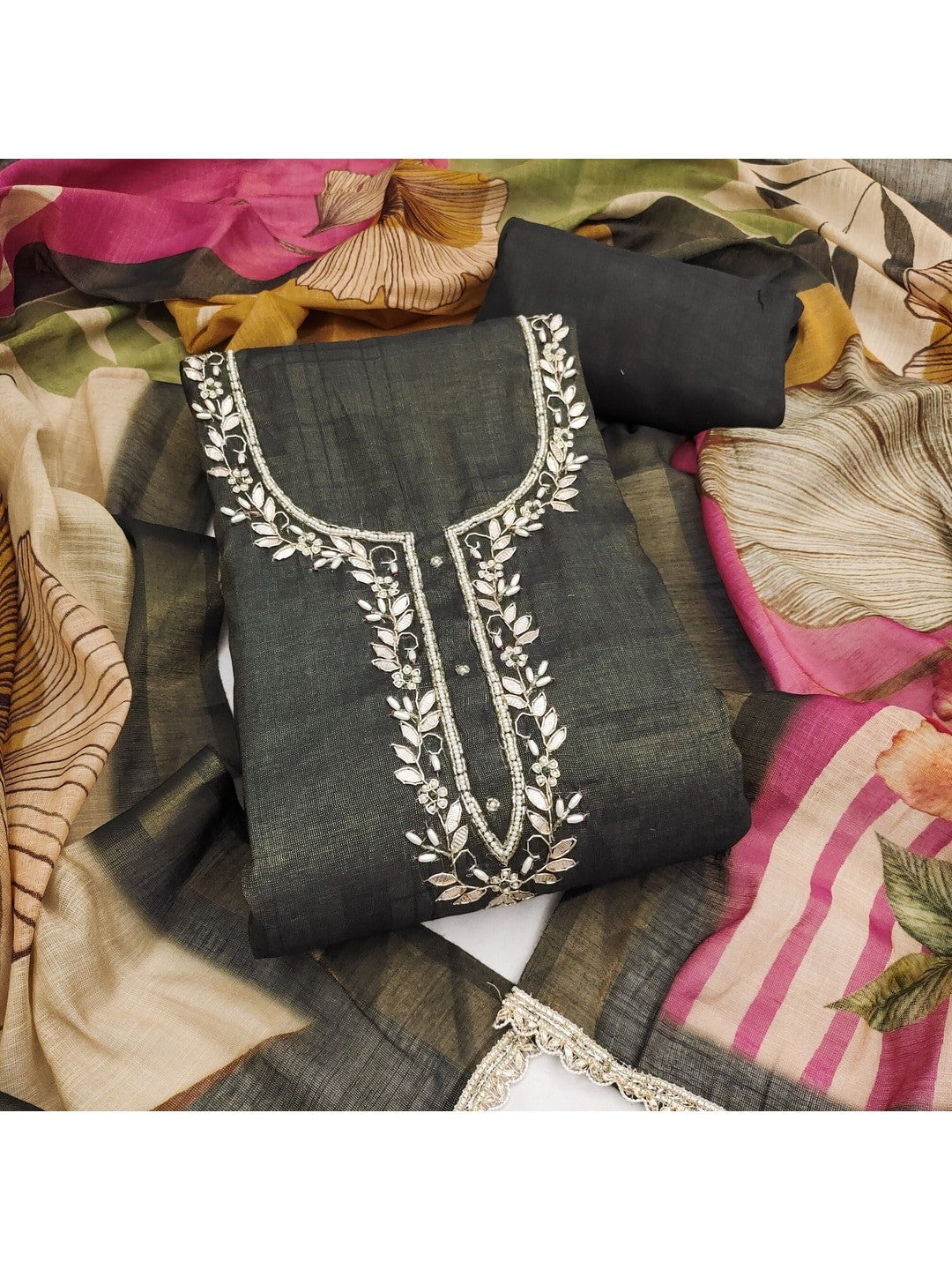 Peachmode Black Pure Cotton Lilian Dress Material with Embroidered Dupatta - Image 1