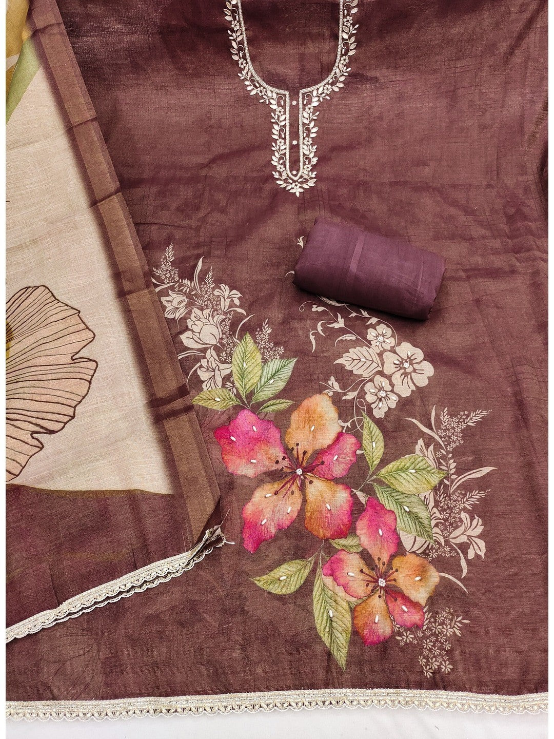 Peachmode Brown Pure Cotton Lilian Dress Material with Embroidered Dupatta - Image 3