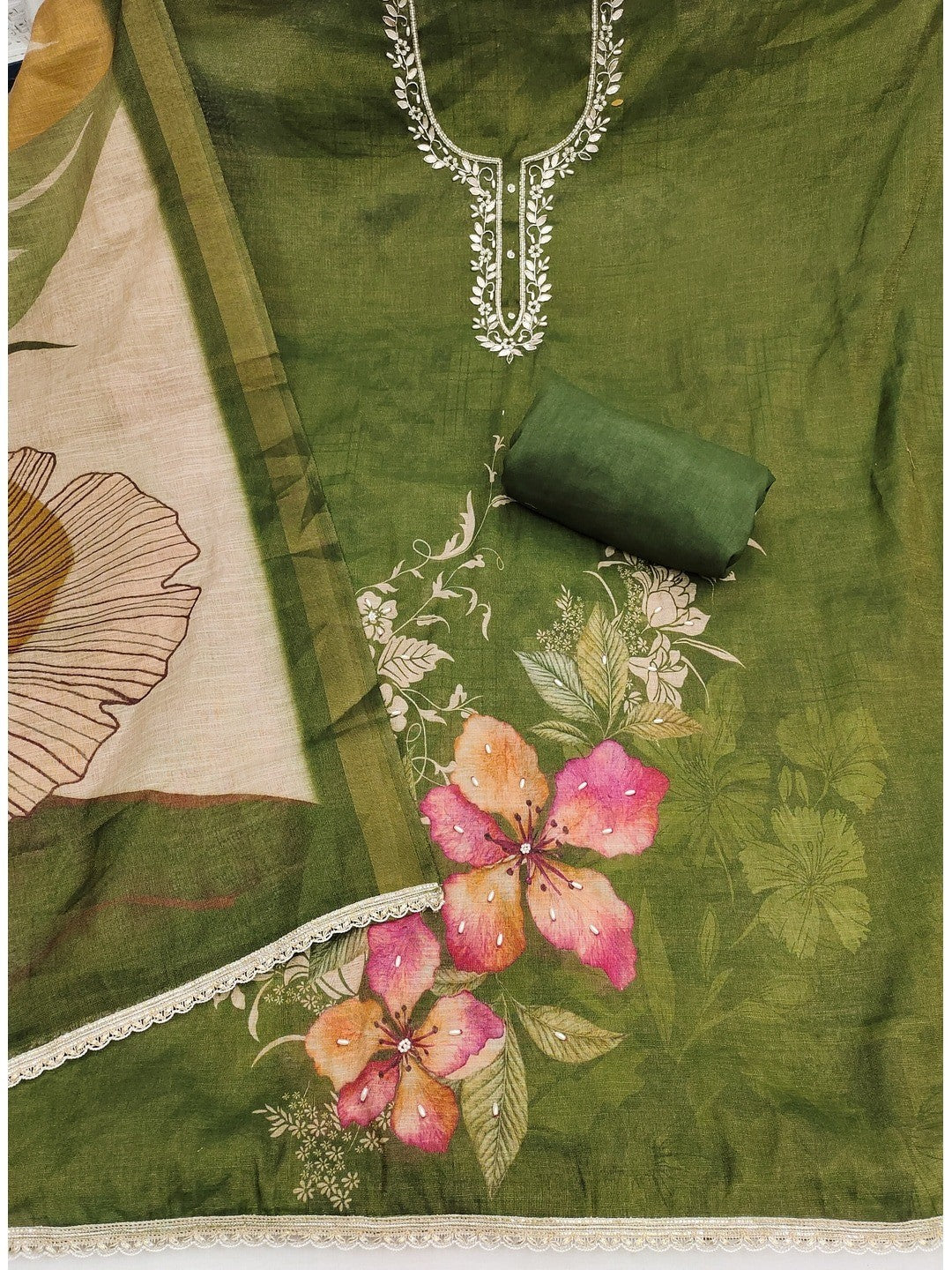 Peachmode Green Pure Cotton Lilian Dress Material with Embroidered Dupatta - Image 3