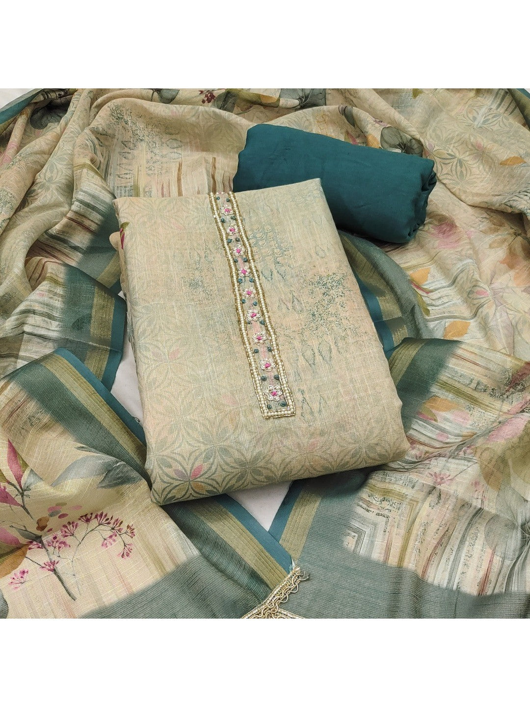 Peachmode Teal Pure Cotton Lilian Dress Material with Embroidered Dupatta - Image 3
