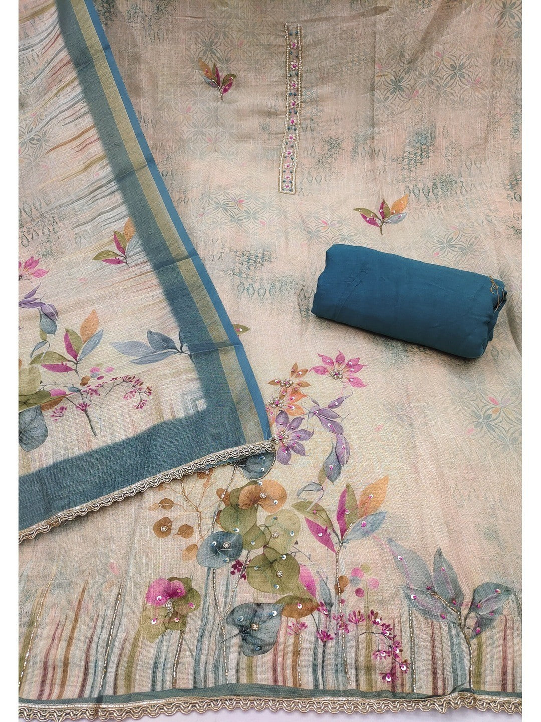 Peachmode Teal Pure Cotton Lilian Dress Material with Embroidered Dupatta - Image 4