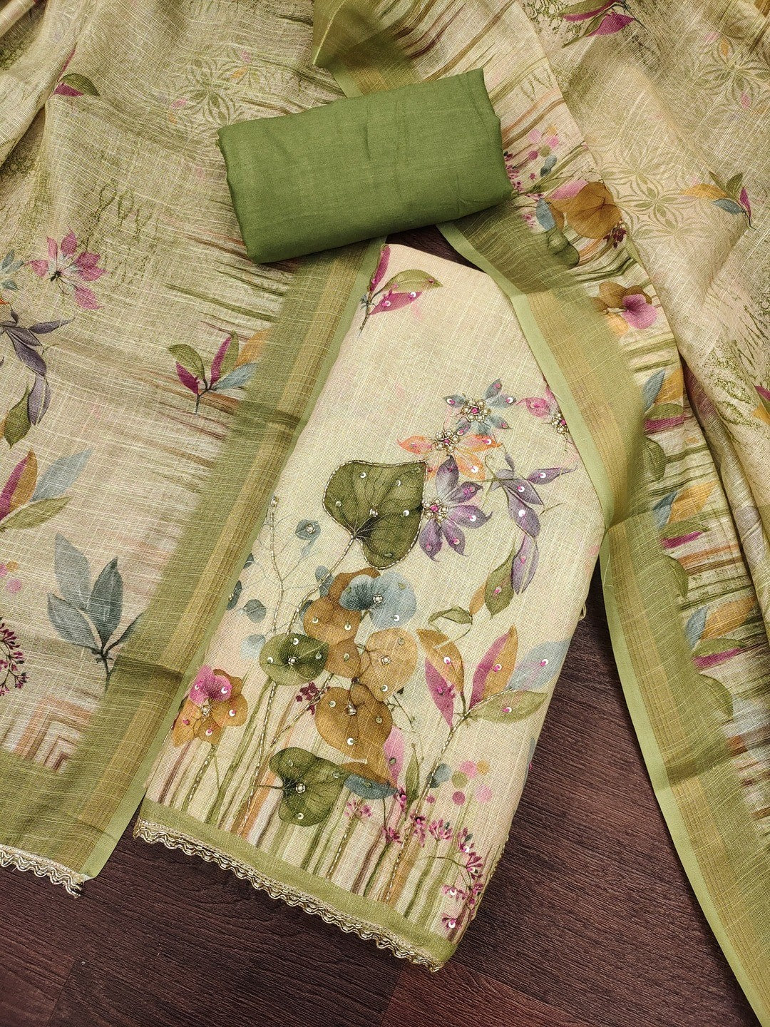 Peachmode Green Pure Cotton Lilian Dress Material with Embroidered Dupatta - Image 3