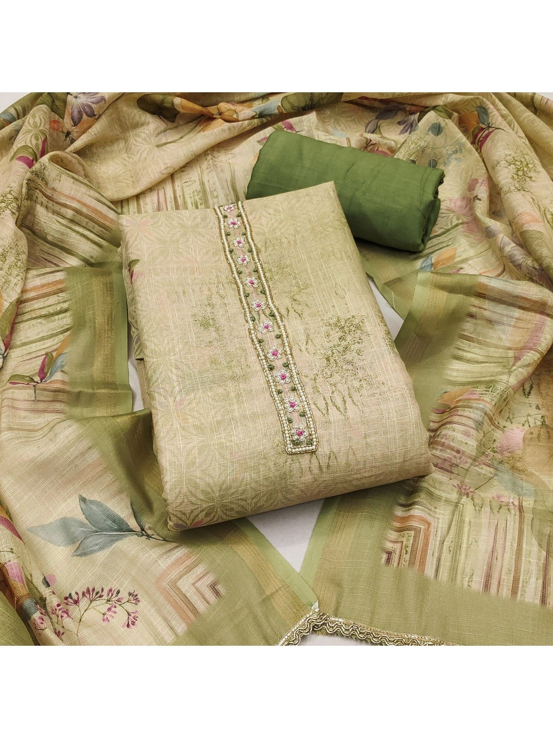 Peachmode Green Pure Cotton Lilian Dress Material with Embroidered Dupatta - Image 1