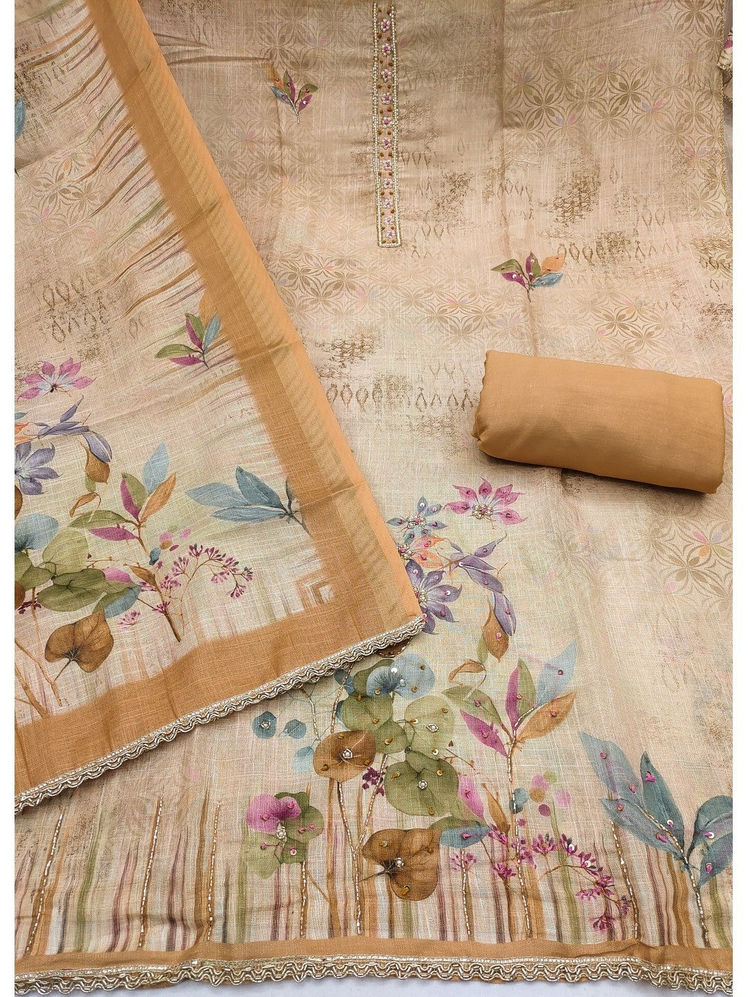 Peachmode Mustard Pure Cotton Lilian Dress Material with Embroidered Dupatta - Image 3