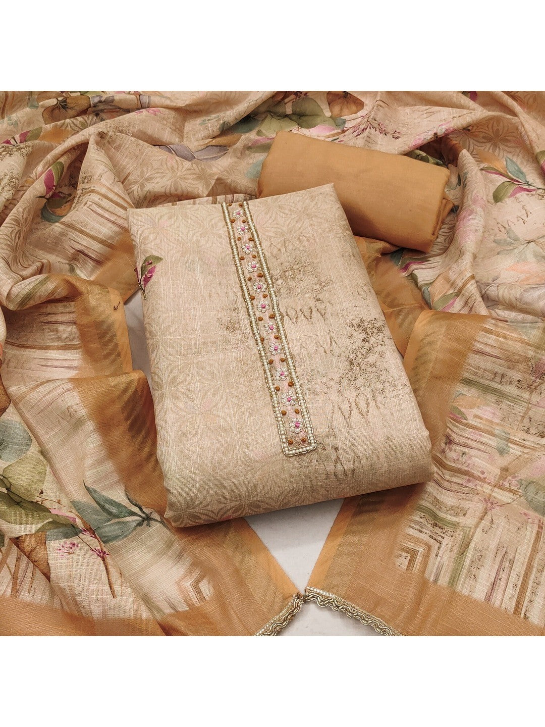 Peachmode Mustard Pure Cotton Lilian Dress Material with Embroidered Dupatta - Image 1