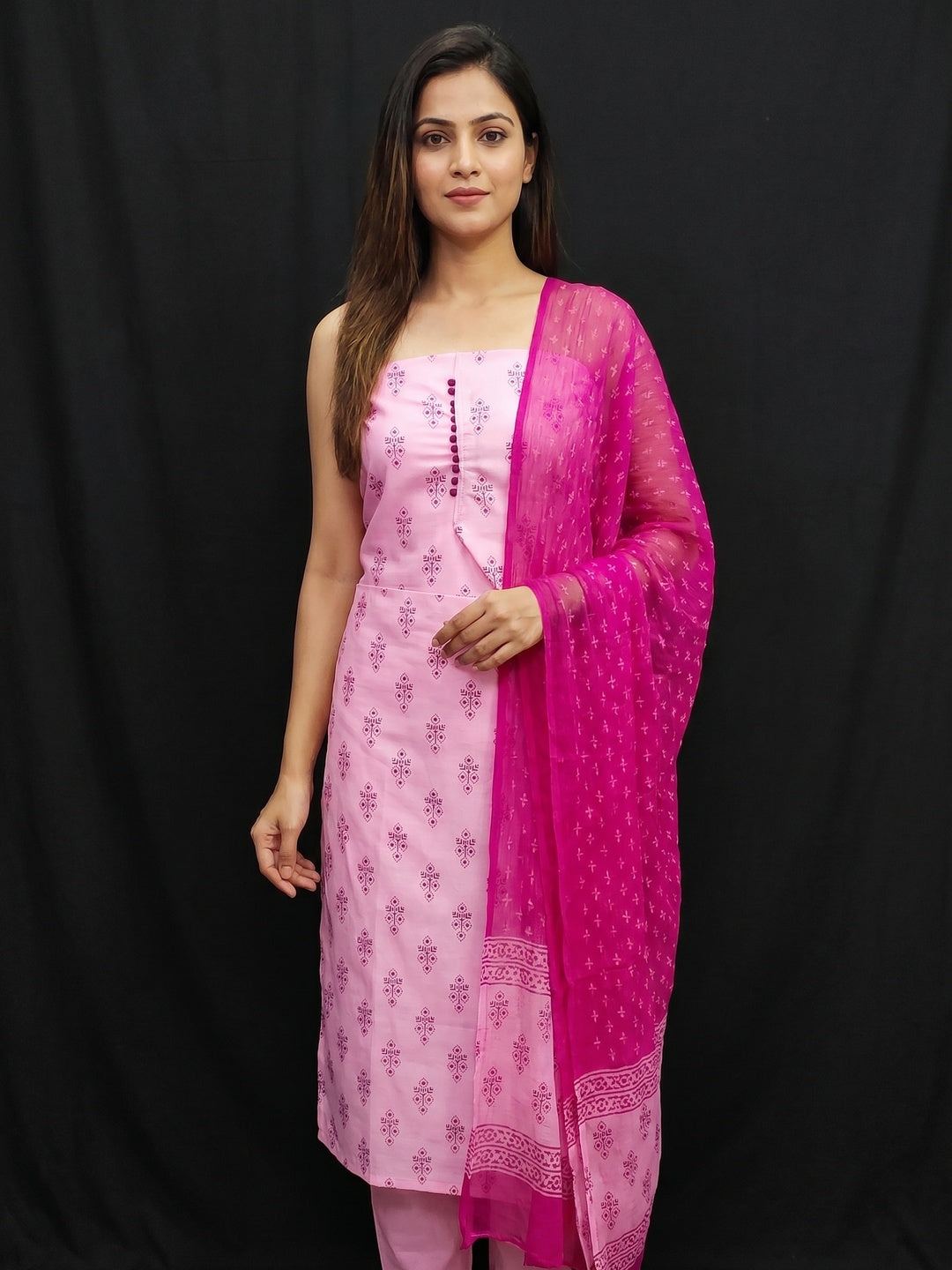Pink Floral Printed Cotton Blend Dress Material - Image 1