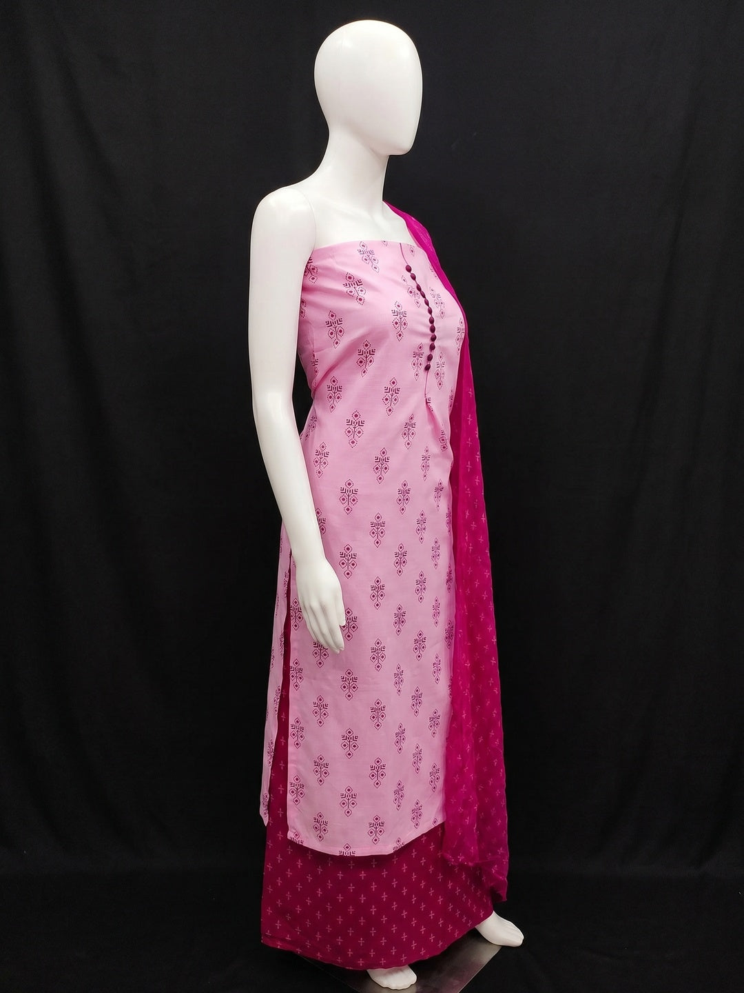 Pink Floral Printed Cotton Blend Dress Material - Image 2