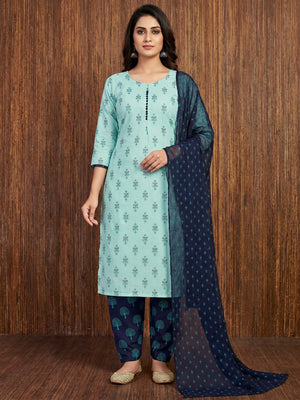 Blue Floral Printed Cotton Blend Dress Material - Image 1