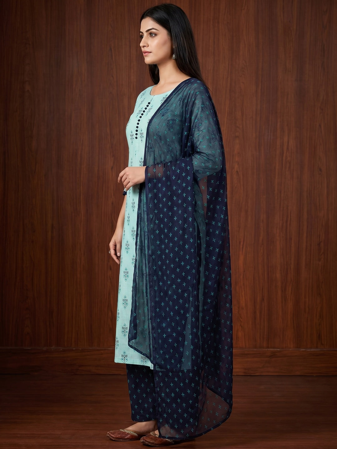 Blue Floral Printed Cotton Blend Dress Material - Image 2