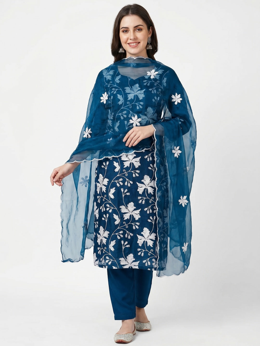 Blue Floral Embroidered Organza Dress Material - Image 1
