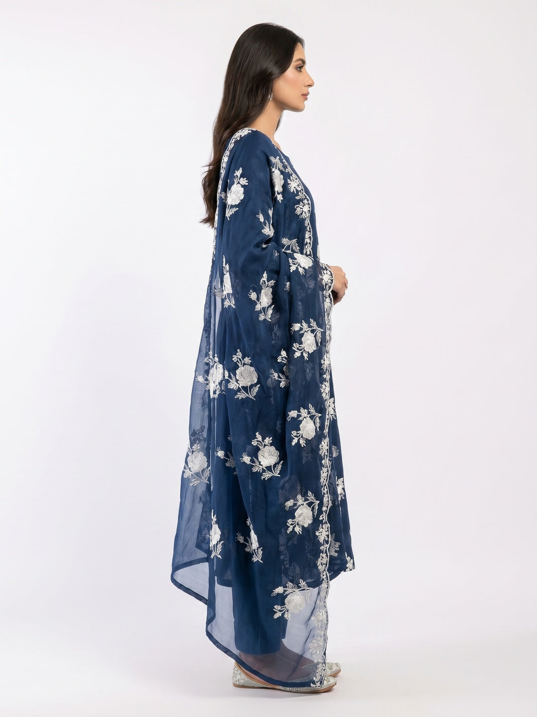 Blue Floral Embroidered Organza Dress Material - Image 2
