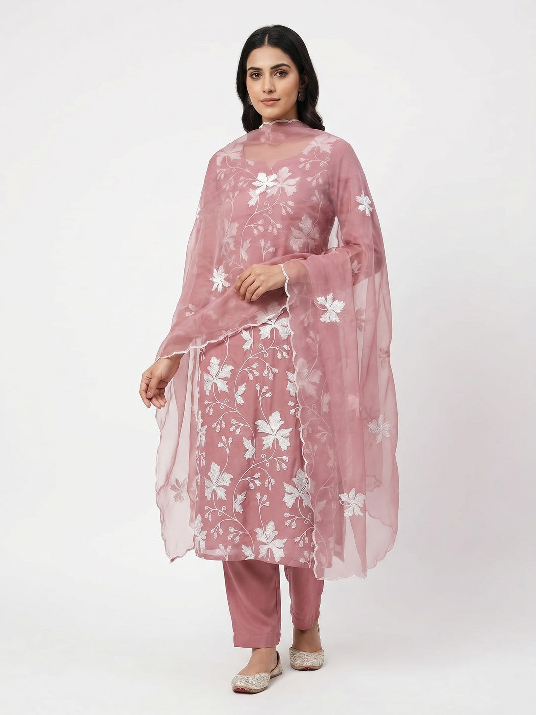 Mauve Floral Embroidered Organza Dress Material - Image 1