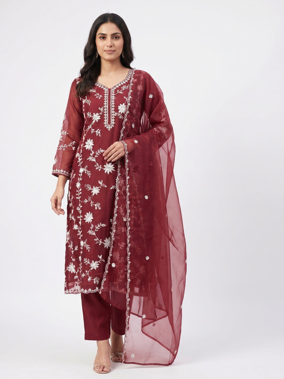 Maroon Floral Embroidered Organza Dress Material - Image 1