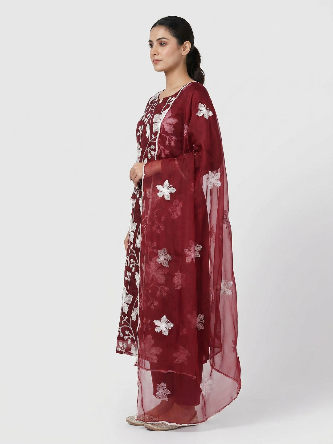 Maroon Floral Embroidered Organza Dress Material - Image 3