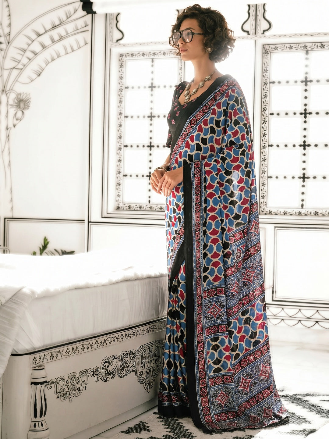Multicolor Printed Crepe Saree - Image 1
