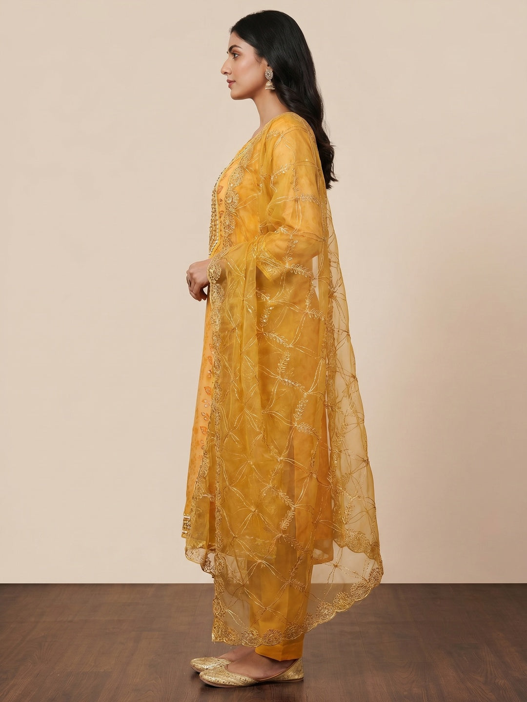 Mustard Floral Sequins Embroidery With Printed Organza Dress Material - Image 3