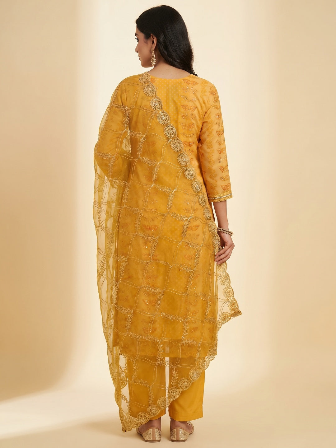 Mustard Floral Sequins Embroidery With Printed Organza Dress Material - Image 2