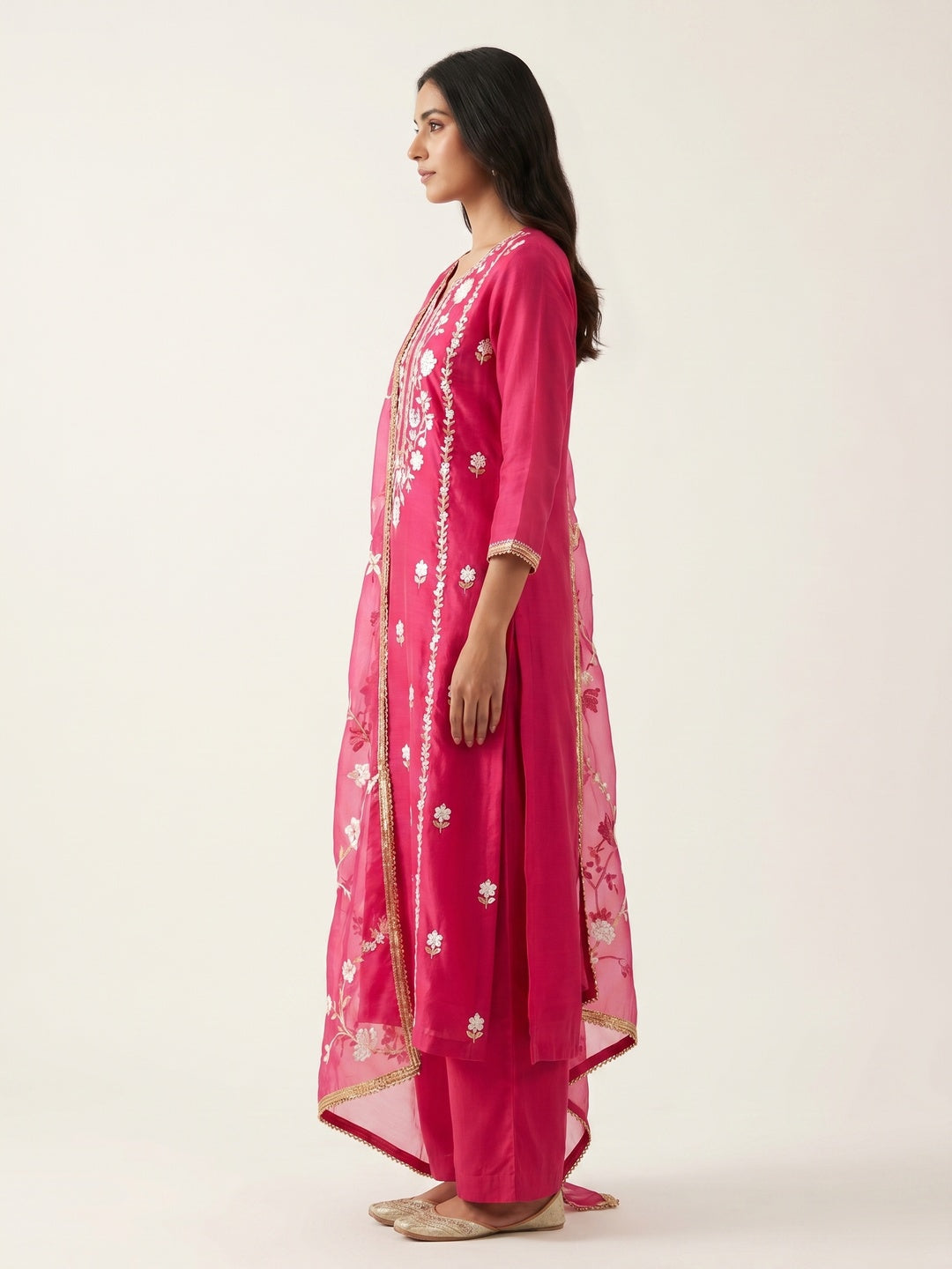 Rani Pink Floral Sequins Embroidery With Printed Organza Dress Material - Image 2