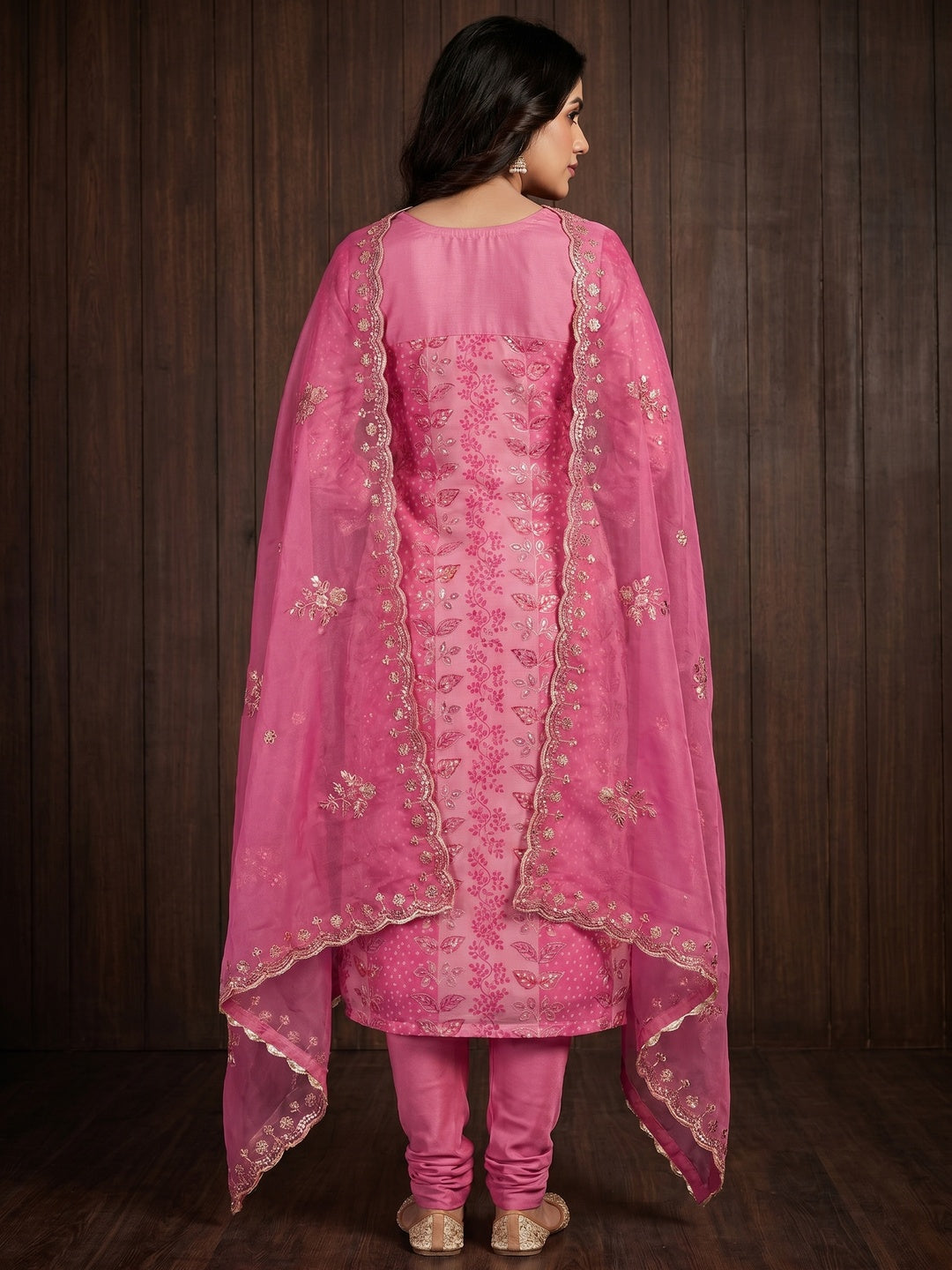 Rani Pink Floral Sequins Embroidery With Printed Organza Dress Material - Image 3