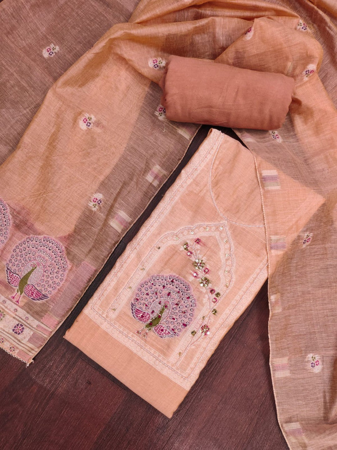 Peachmode Peach Pure Banarasi Cotton Dress Material with Embroidered Dupatta - Image 3