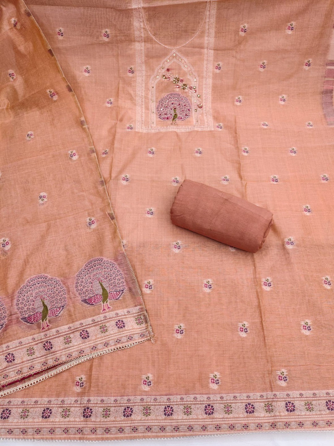 Peachmode Peach Pure Banarasi Cotton Dress Material with Embroidered Dupatta - Image 4