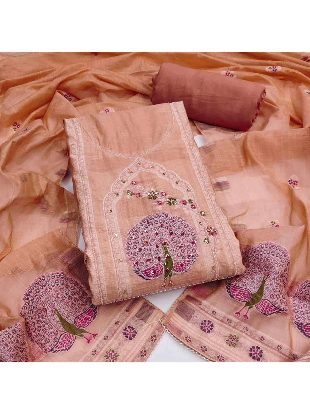 Peachmode Peach Pure Banarasi Cotton Dress Material with Embroidered Dupatta - Image 1
