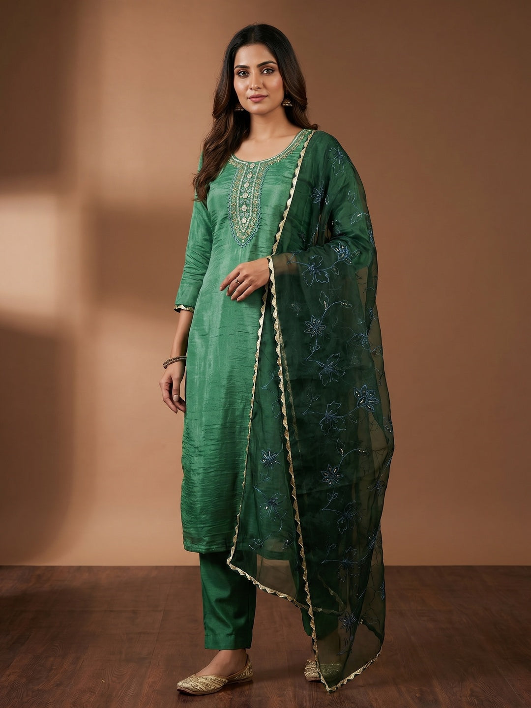 Green Floral Handwork Viscose Dress Material - Image 1