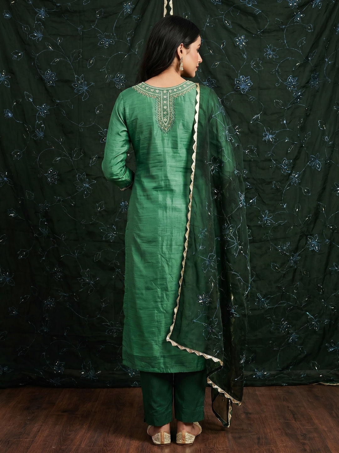 Green Floral Handwork Viscose Dress Material - Image 3