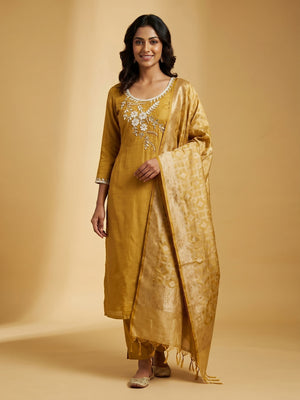 Mustard Floral Moti With Gota Patti Handwork Viscose Dress Material - Image 1