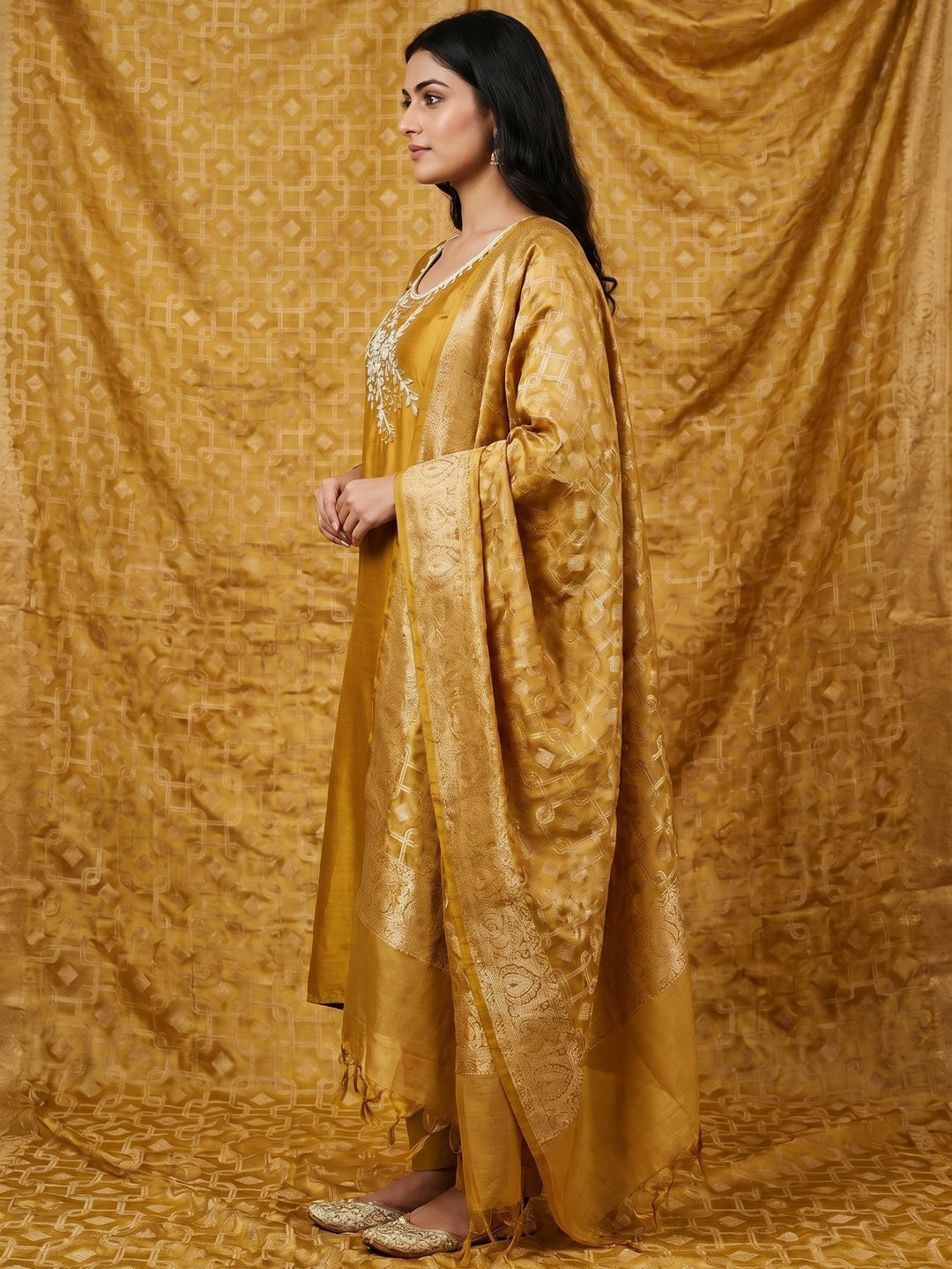 Mustard Floral Moti With Gota Patti Handwork Viscose Dress Material - Image 2