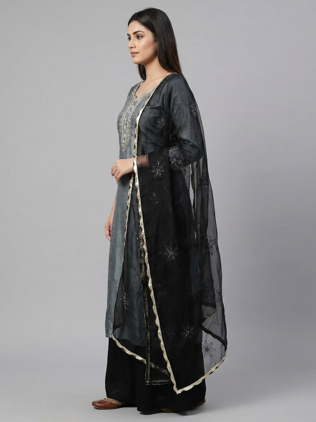 Grey Floral Handwork Viscose Dress Material - Image 3