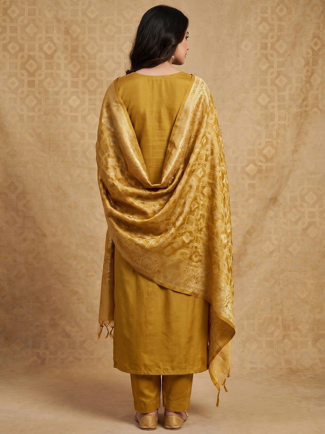 Mustard Floral Moti With Gota Patti Handwork Viscose Dress Material - Image 3